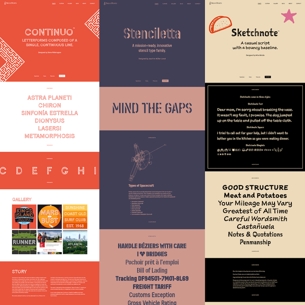 Continuo, Stenciletta, and Sketchnote in the redesign, each with its own color palette and personality