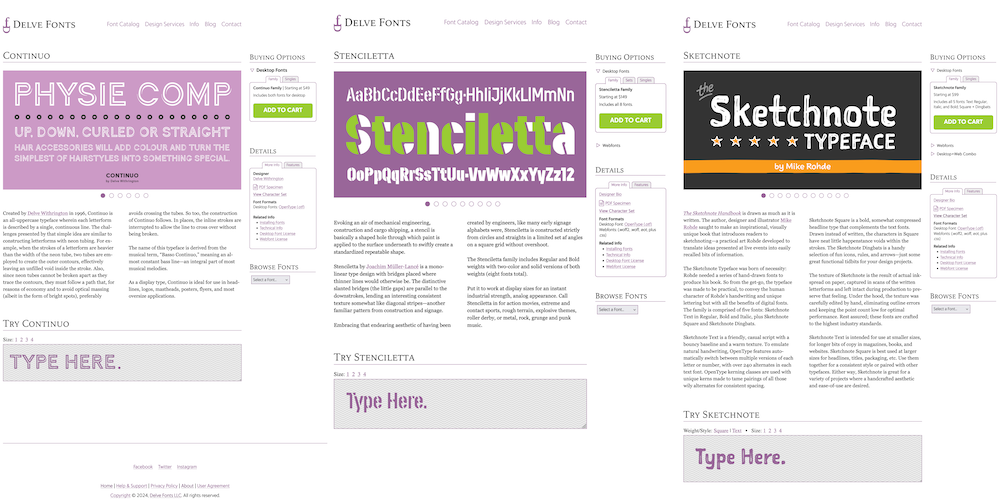 Continuo, Stenciletta, and Sketchnote in the original Delve Fonts design, all sharing the same template