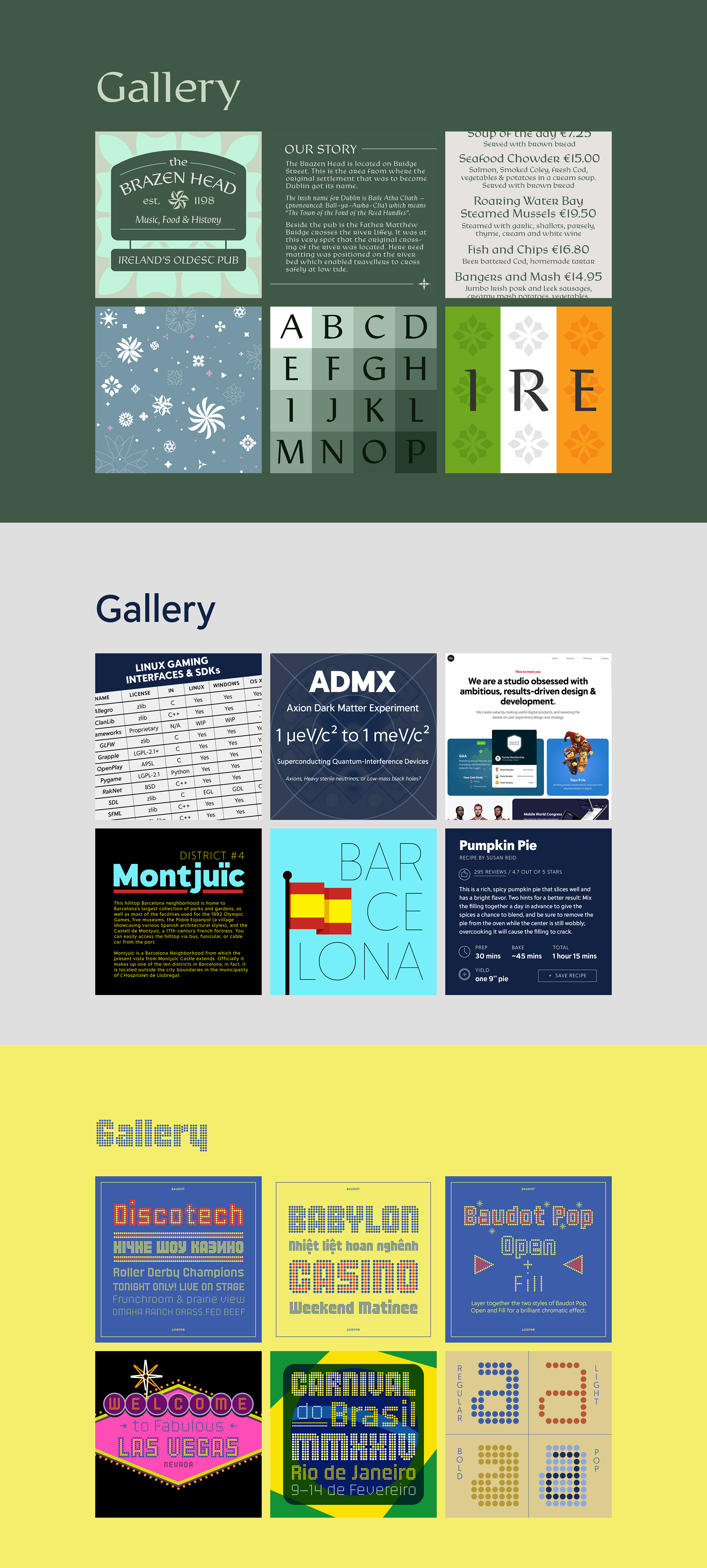 Per-typeface galleries for Rieven, Tome Sans, and Baudot