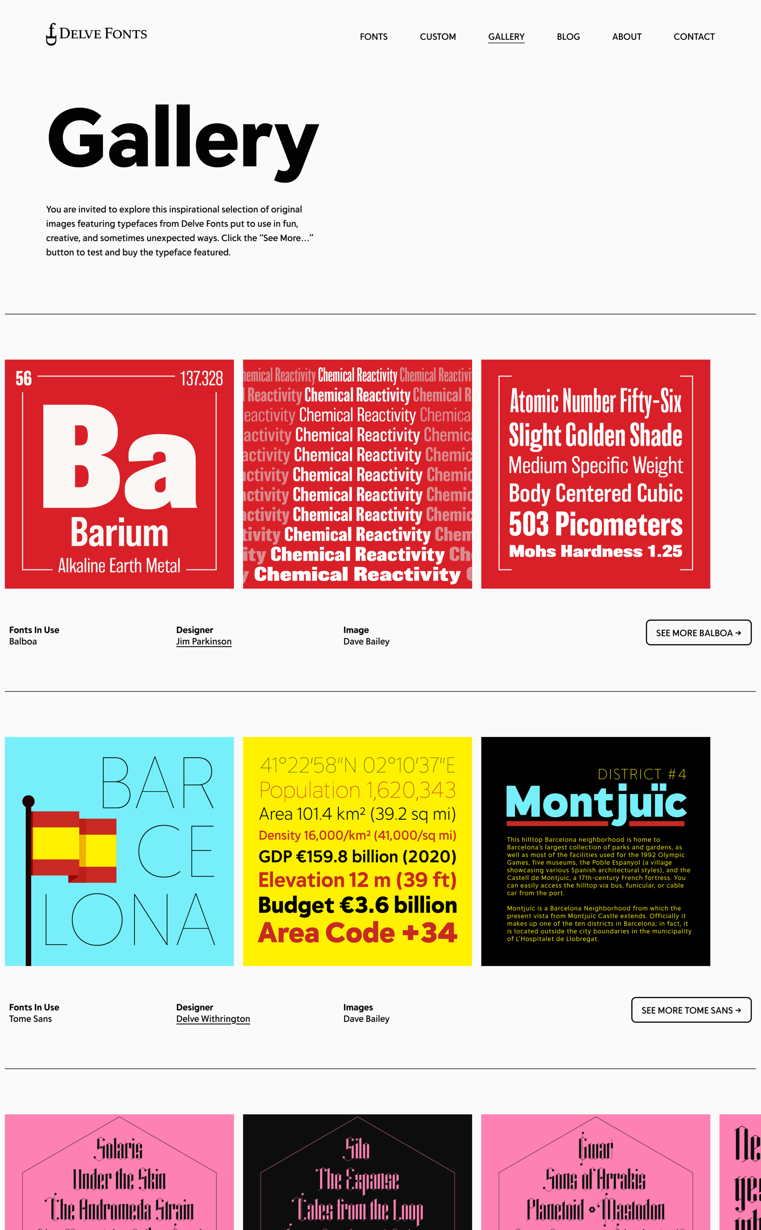 The Delve Fonts gallery page, showing typefaces in use